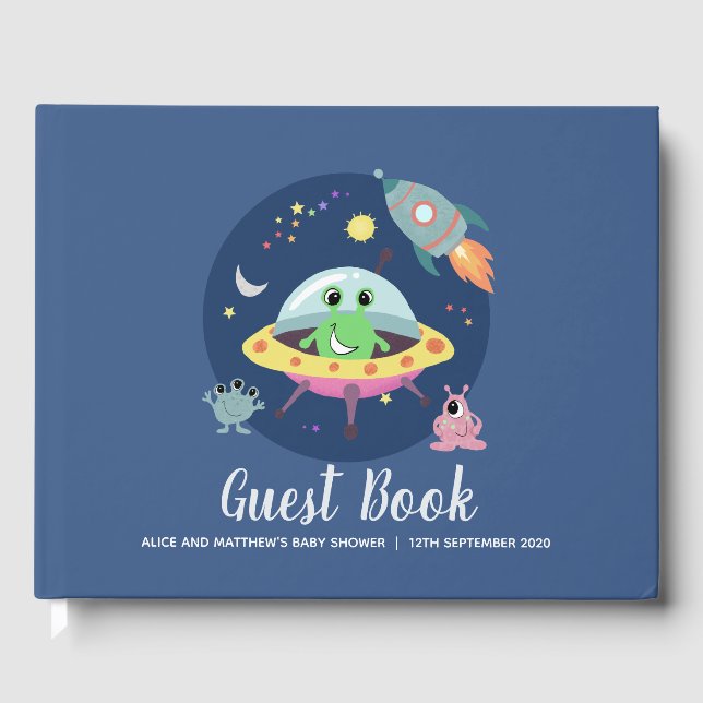 Cute Boys Space Alien Blue Baby shower livre d'hôt (Recto)