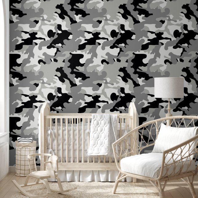 cute boys tiled camo black nursery  wallpaper (Kids)