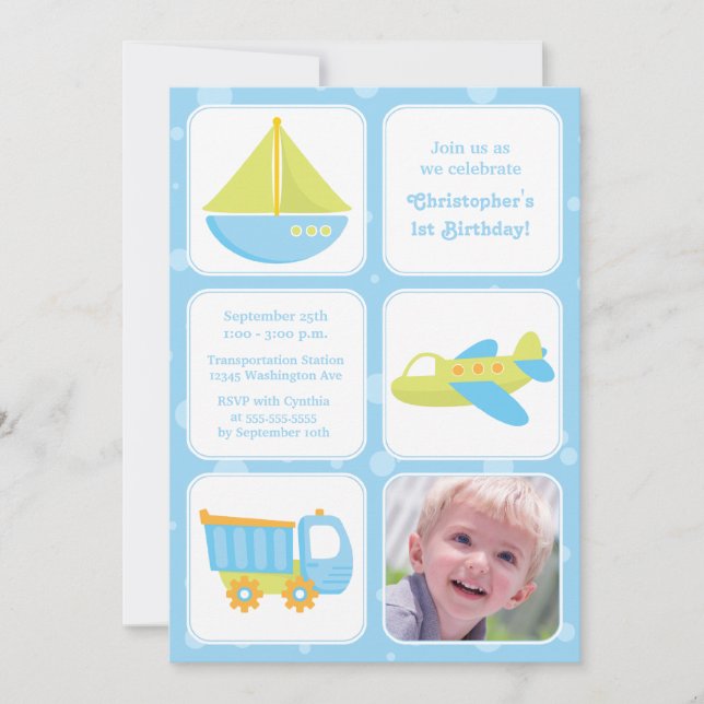 Cute boys travel time birthday party invitation (Front)