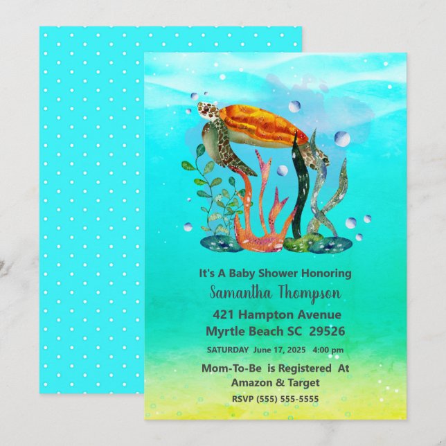 Cute Boys  Underwater Sea Turtle Baby Shower   Invitation (Front/Back)