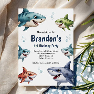 Cute Boys Watercolor Shark 3rd Birthday Party Invitation