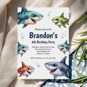 Cute Boys Watercolor Shark 4th Birthday Party Invitation