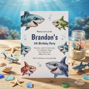 Cute Boys Watercolor Shark 5th Birthday Party Invitation