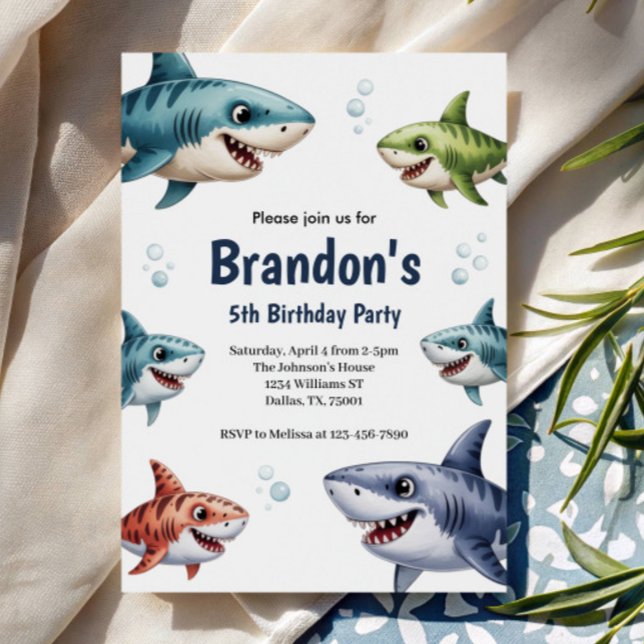 Cute Boys Watercolor Shark 5th Birthday Party Invitation (Creator Uploaded)