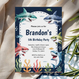 Cute Boys Watercolor Shark Birthday Party Invitation