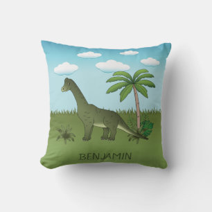 Cute Brachiosaurus Dinosaur Blue Sky Custom Name Throw Pillow