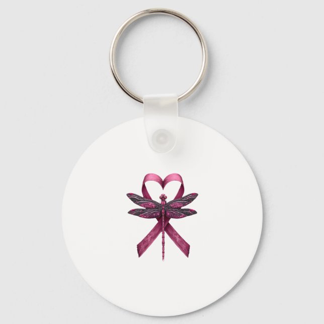 Cute Breast Cancer Heart Dragonflies Awareness Wom Keychain (Front)