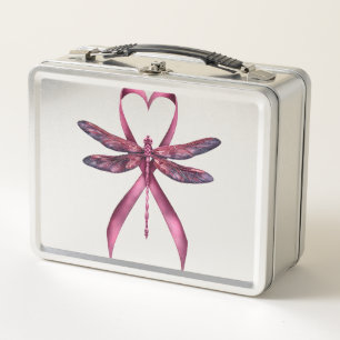 Cute Breast Cancer Heart Dragonflies Awareness Wom Metal Lunch Box