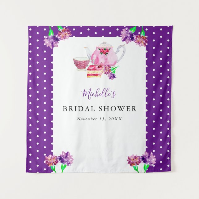 Cute Bridal Shower Tea Party Purple Background  Tapestry (Front)