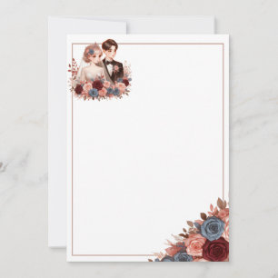 Cute Bride and Groom Blank Floral Wedding Invitation