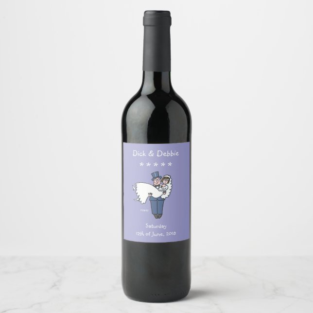 Cute Bride and Groom Cartoon Wedding Banquet Wine Label (Front)