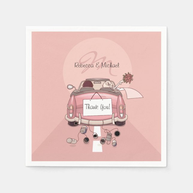 Cute Bride and Groom Pink Getaway Car Napkin (Front)