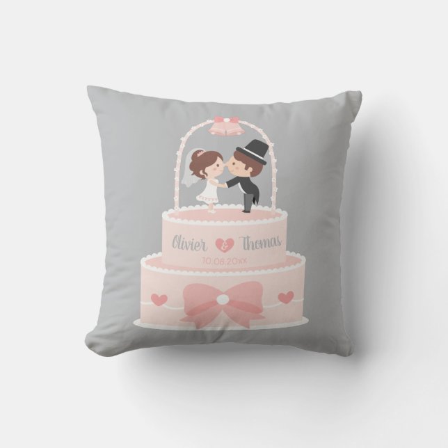 Cute Bride and Groom Pink Wedding Cake Pillow (Front)