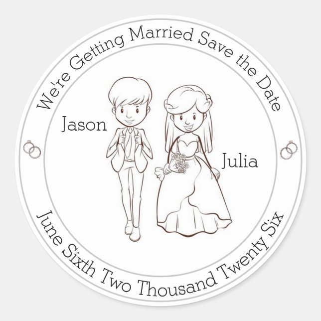 Cute Bride and Groom Save The Date  Classic Round Sticker (Front)