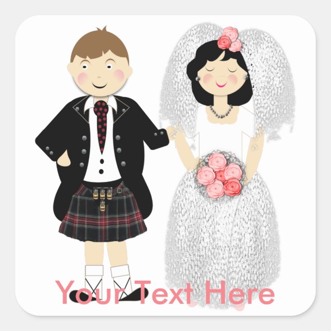 Cute Bride and Groom Scottish Wedding Theme Square Sticker (Front)