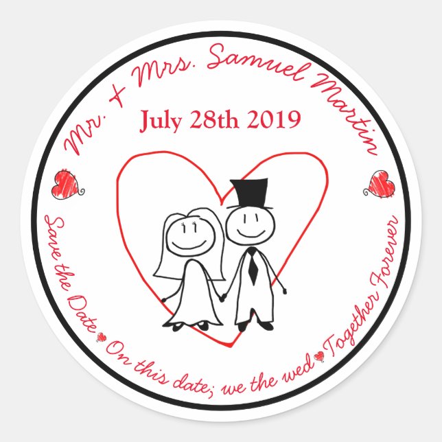 Cute Bride and Groom Stick Figure Envelope Seal (Front)