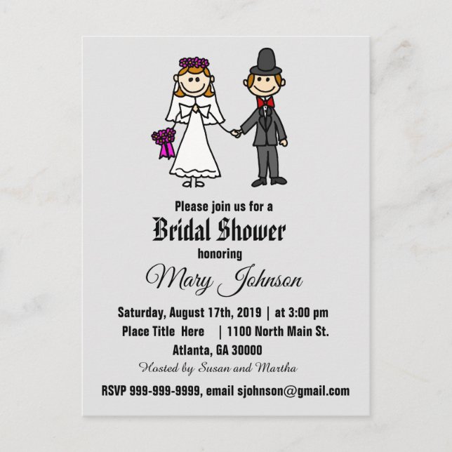 Cute Bride and Groom Stick Figures Invitation Postcard (Front)
