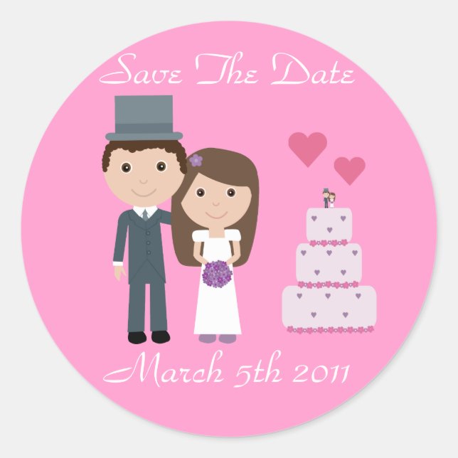 Cute Bride & Groom & Cake Pink Save The Date Classic Round Sticker (Front)