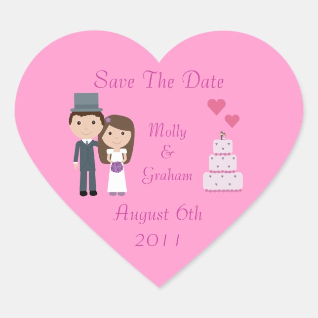 Cute Bride & Groom & Cake Pink Save The Date Heart Sticker (Front)