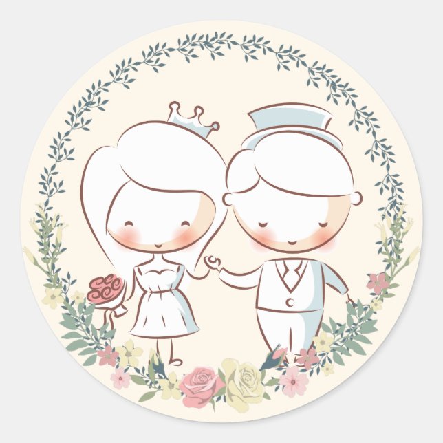Cute Bride & Groom Floral Wedding Stickers (Front)