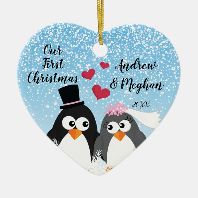 Cute Bride Groom Penguins Our First Christmas Ceramic Ornament (Front)