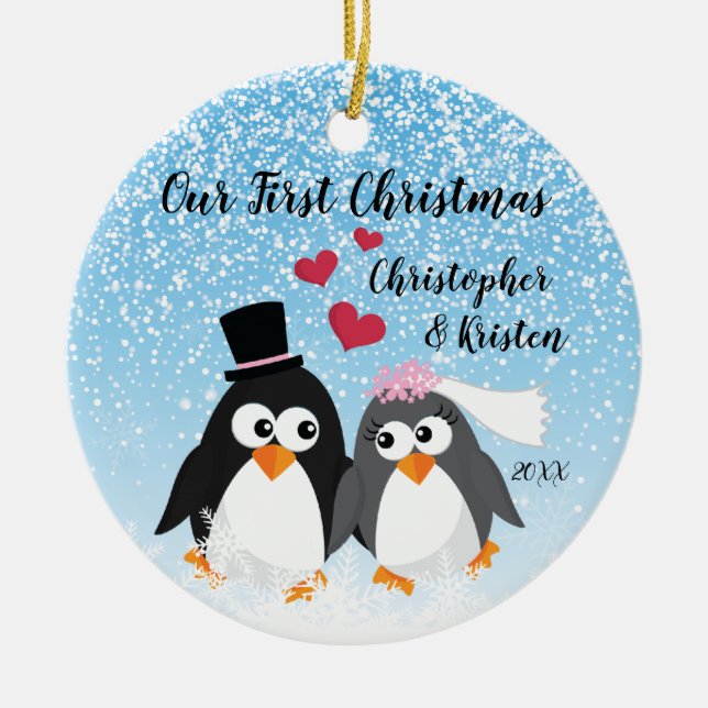 Cute Bride & Groom Penguins Our First Christmas Ceramic Ornament (Front)