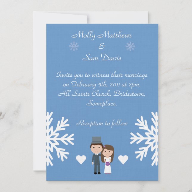 Cute Bride & Groom Snowflakes Blue Winter Wedding Invitation (Front)