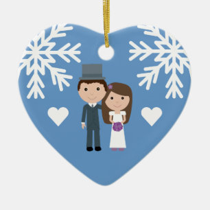 Cute Bride, Groom & Snowflakes Winter Wedding Ceramic Ornament