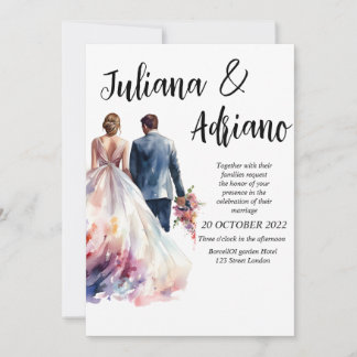 Cute bride groom watercolor wedding card modern