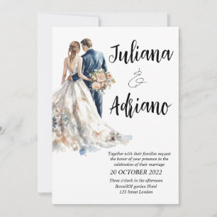 Cute bride groom watercolor wedding card modern