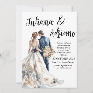 Cute bride groom watercolor wedding card modern