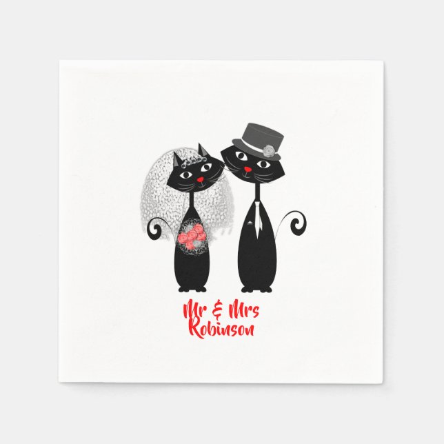 Cute Bride | Groom Wedding Cats Personalized Napkin (Front)