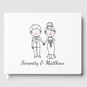 Cute Bride Groom Whimsical Black White Wedding  Guest Book
