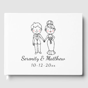 Cute Bride Groom Whimsical Black White Wedding  Guest Book