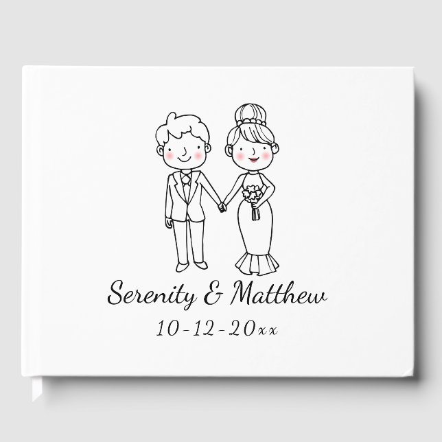 Cute Bride Groom Whimsical Black White Wedding  Guest Book (Front)