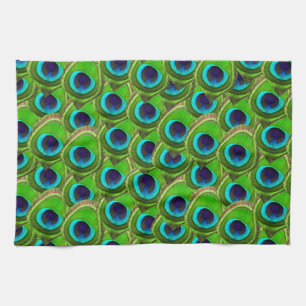 Cute Bright Blue and Green Peacock Print Kitchen Towel