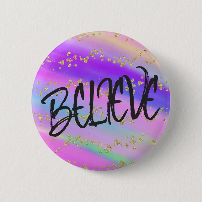 Cute Bright Colourful Believe Gold Glitter 2 Inch Round Button (Front)