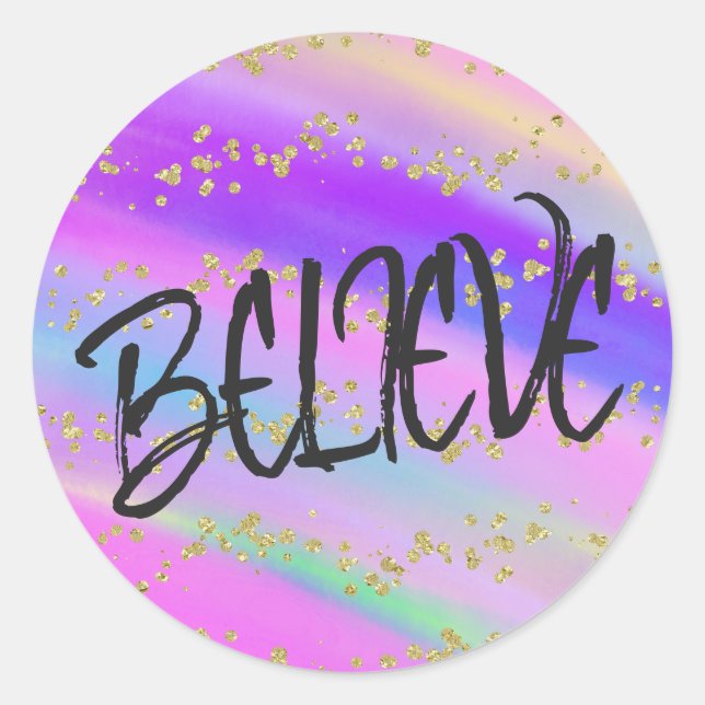 Cute Bright Colourful Believe Gold Glitter Classic Round Sticker (Front)
