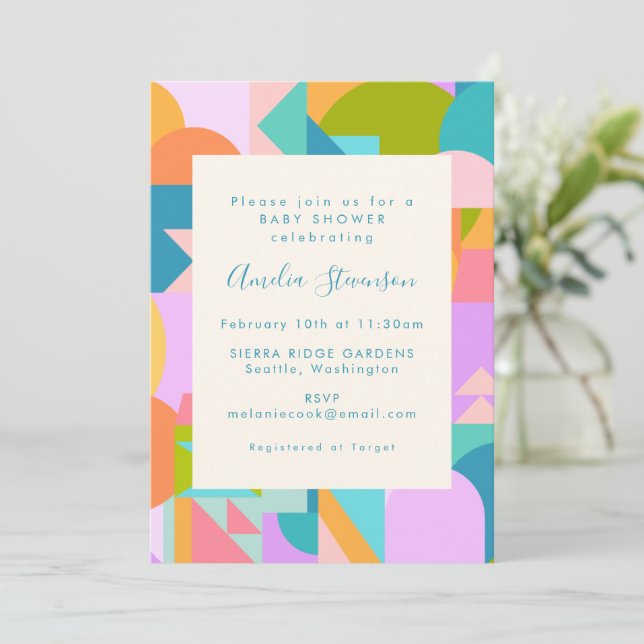 Cute Bright Colourful Geometric Shapes Baby Shower Invitation (Standing Front)