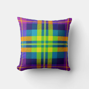 Cute Bright Colourful Green Purple Plaid Throw Pillow