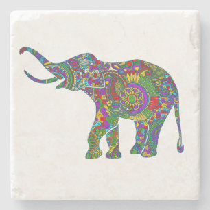 Cute Bright Colours Floral Elephant Illustration Stone Coaster