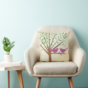 Cute Bright Colours Pink Green Modern Tree Birds Throw Pillow