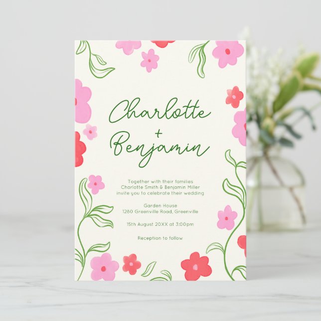 Cute & Bright Floral Garden Wedding Invitation (Standing Front)