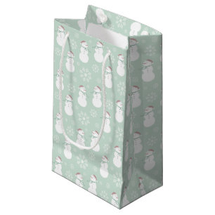 Cute bright green pattern snowman Christmas party Small Gift Bag