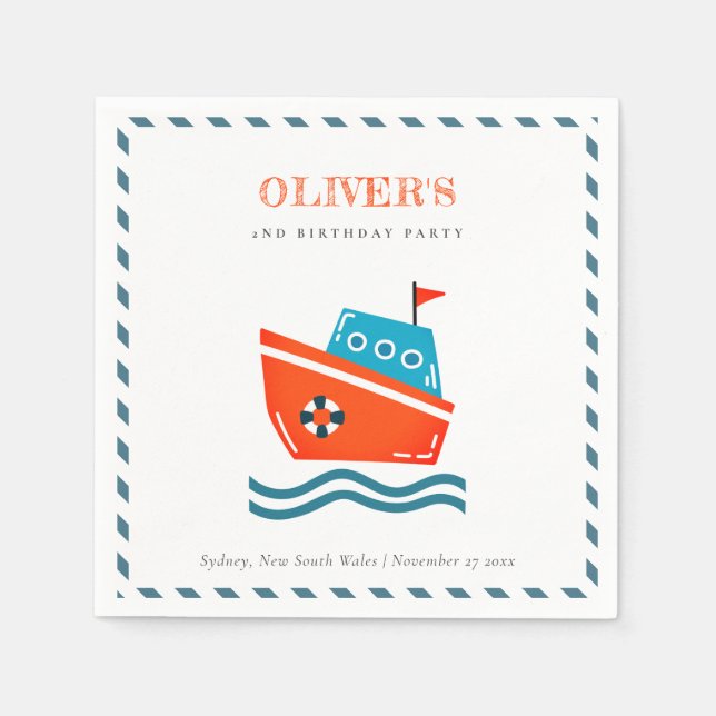 Cute Bright Kids Nautical Boat Any Age Birthday Napkin (Front)