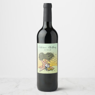 Cute Bright Love Bunny Rabbits Wedding Anniversary Wine Label