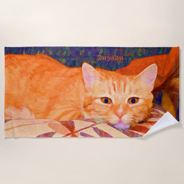 Cute Bright Orange Tabby Cat Beach Towel (Front)