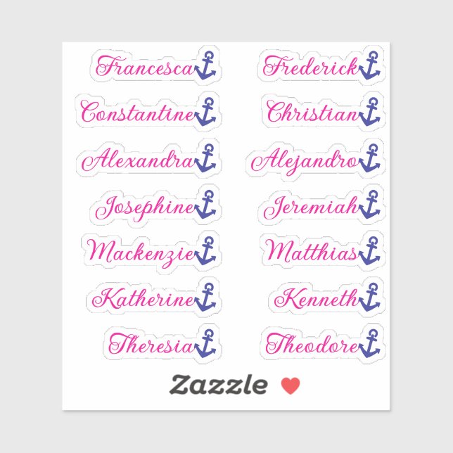 Cute Bright Pink Anchor 14 Custom Guest List Names (Sheet)