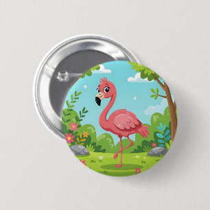 Cute bright pink flamingo in garden 2 inch round button