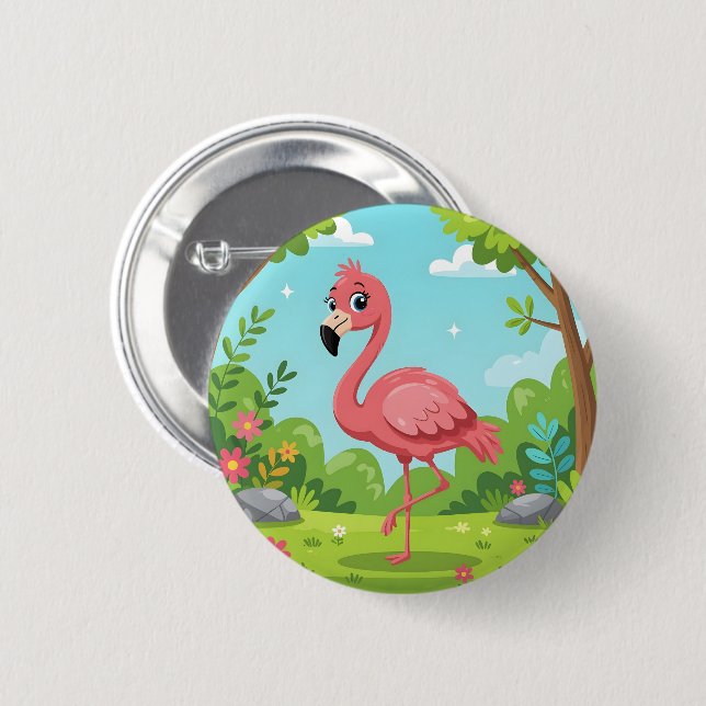 Cute bright pink flamingo in garden 2 inch round button (Front & Back)